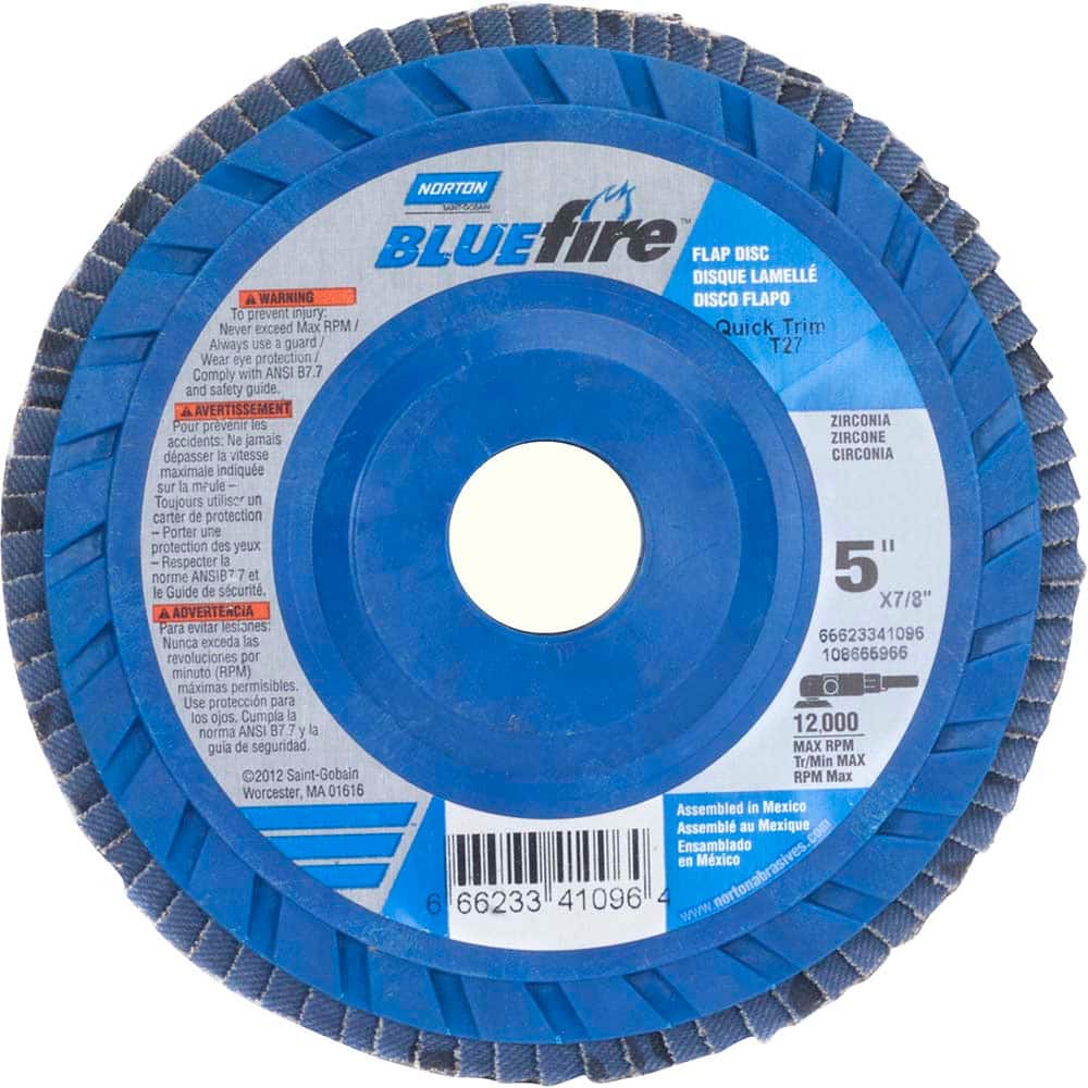 Norton - 5" 80 Grit 7/8" Center Hole Type 27 Zirconia Alumina Flap Disc - Industrial Tool & Supply