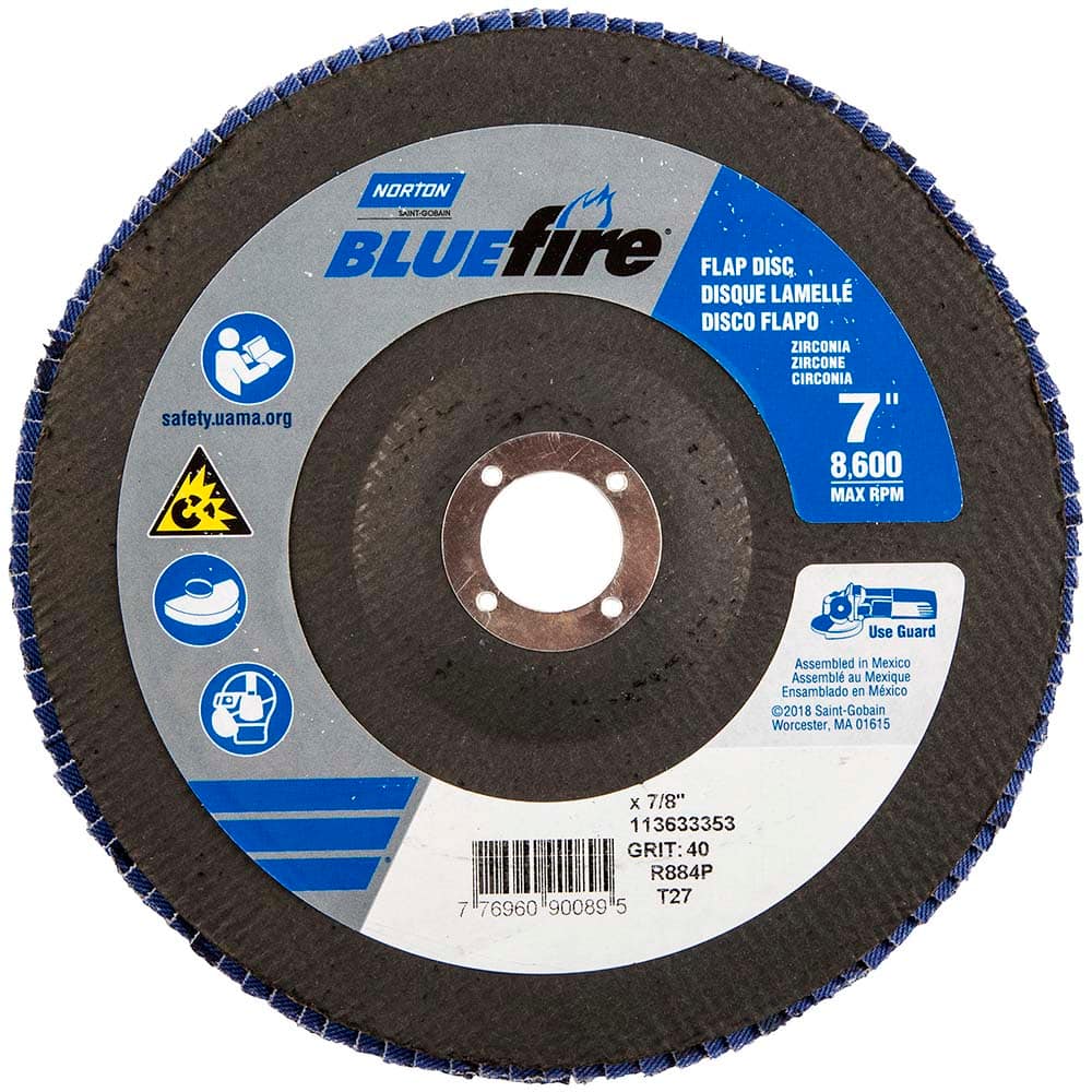 Norton - 7" 40 Grit 7/8" Center Hole Type 27 Zirconia Alumina Flap Disc - Industrial Tool & Supply