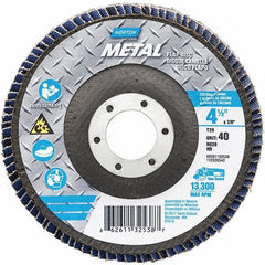 Norton - 40 Grit, 4-1/2" Disc Diam, 7/8" Center Hole, Type 29 Zirconia Alumina Flap Disc - 13,300 Max RPM, Fiberglass Backing, Arbor Attaching System, Coated - Industrial Tool & Supply