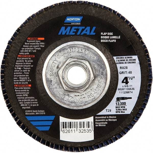 Norton - 40 Grit, 4-1/2" Disc Diam, 5/8-11 Center Hole, Type 29 Zirconia Alumina Flap Disc - 13,300 Max RPM, Fiberglass Backing, Arbor Attaching System, Coated - Industrial Tool & Supply