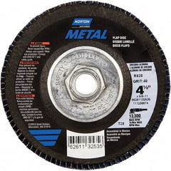 Norton - 40 Grit, 4-1/2" Disc Diam, 5/8-11 Center Hole, Type 29 Zirconia Alumina Flap Disc - 13,300 Max RPM, Fiberglass Backing, Arbor Attaching System, Coated - Industrial Tool & Supply