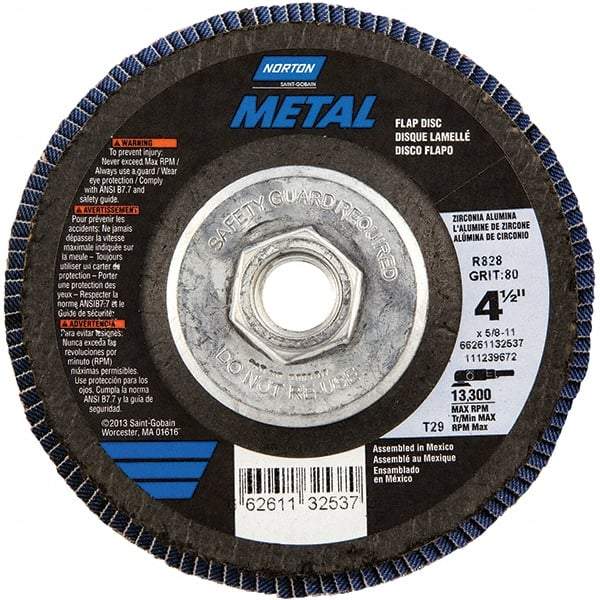 Norton - 80 Grit, 4-1/2" Disc Diam, 5/8-11 Center Hole, Type 29 Zirconia Alumina Flap Disc - 13,300 Max RPM, Fiberglass Backing, Arbor Attaching System, Coated - Industrial Tool & Supply