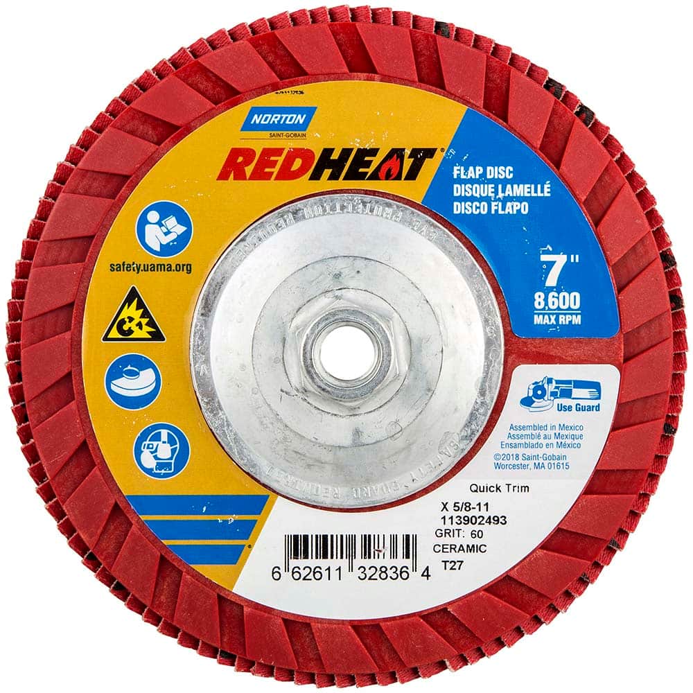 Norton - 7" 60 Grit 5/8-11 Center Hole Type 27 Ceramic Alumina Flap Disc - Industrial Tool & Supply