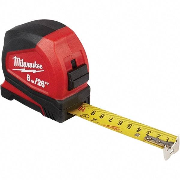 Milwaukee Tool - 26' x 1" Yellow Steel Blade Tape Measure - 1/16", 1mm & 1 cm Graduation, Inch/Metric Graduation Style, Red/Black ABS Plastic Case - Industrial Tool & Supply