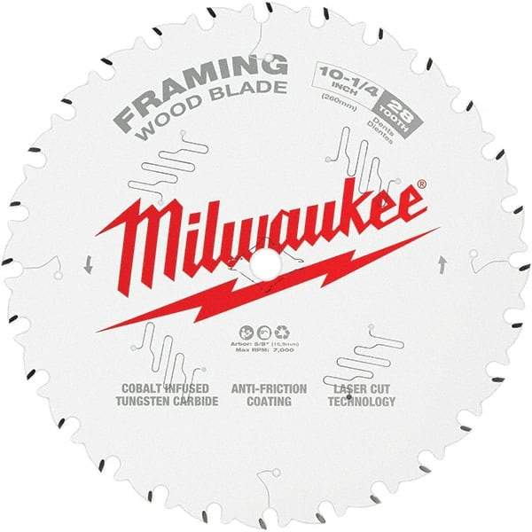 Milwaukee Tool - 10-1/4" Diam, 5/8" Arbor Hole Diam, 28 Tooth Wet & Dry Cut Saw Blade - Tungsten Carbide-Tipped, Framing Action, Standard Round Arbor - Industrial Tool & Supply