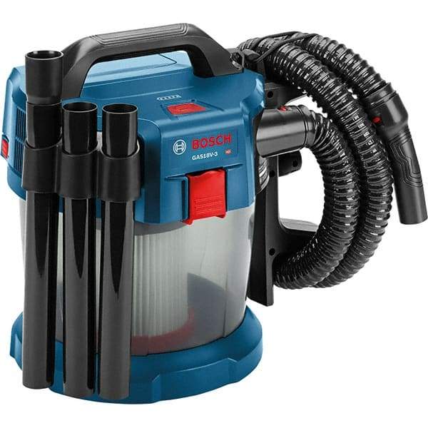 Bosch - 2.6 Gal Plastic Tank, Battery Powered Wet/Dry Vacuum - 18 Volt, 6.3 Amps, 5-1/4' Hose Fitting, Cordless - Industrial Tool & Supply