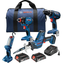 Bosch - 13 Piece 18 Volt Cordless Tool Combination Kit - Includes 1/2" Compact Drill/Driver, Impact Driver, Compact Reciprocating Saw & Work Light, Lithium-Ion Battery Included - Industrial Tool & Supply