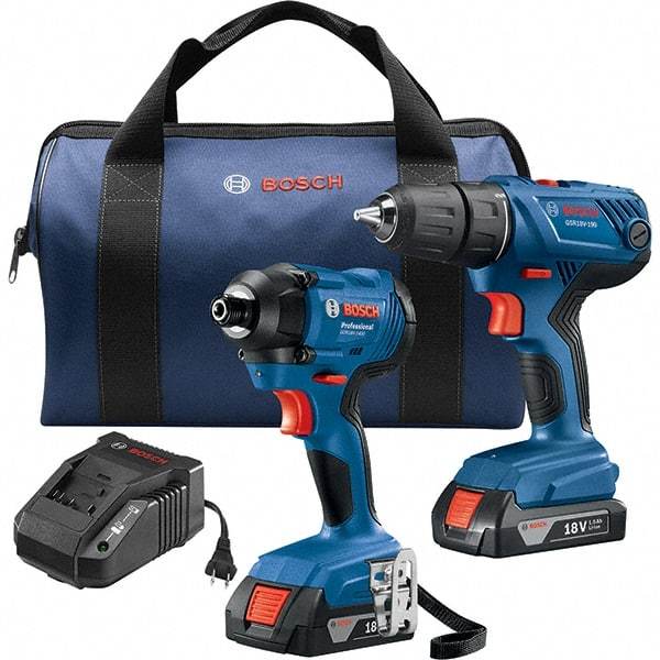 Bosch - 7 Piece 18 Volt Cordless Tool Combination Kit - Includes 1/2" Compact Drill/Driver & 1/4" Impact Driver, Lithium-Ion Battery Included - Industrial Tool & Supply