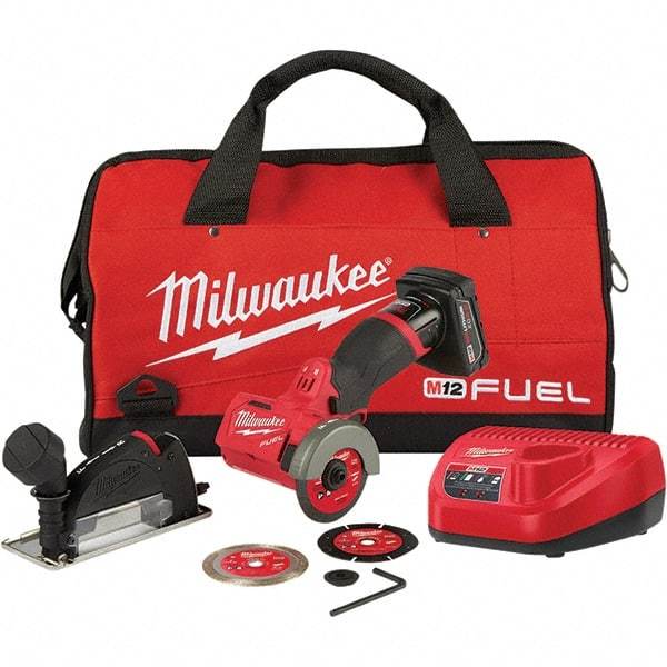 Milwaukee Tool - 3" Wheel Diam, 20,000 RPM, Cordless Cutoff & Cutoff-Grinder Tool - Trigger Handle, 12 Volt, Battery Included - Industrial Tool & Supply