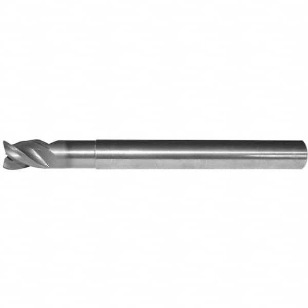 Corner Radius End Mill: 0.4724″ Dia, 0.7087″ LOC, 0.0394″ Radius, 3 Flutes, Solid Carbide 38 ° Helix, Bright/Uncoated, Corner Radius End, Series ABDE
