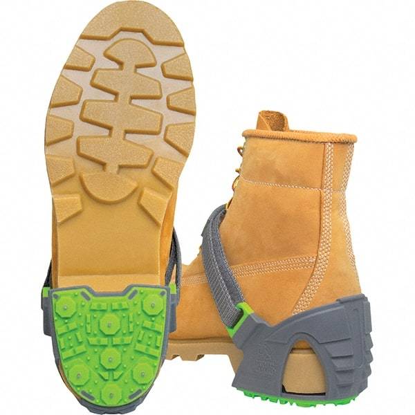Winter Walking - Size 6.5-9, (Women's Size 8.5-11) Strap-On Cleat - Tungsten Carbide Stud Traction, Green & Gray - Industrial Tool & Supply