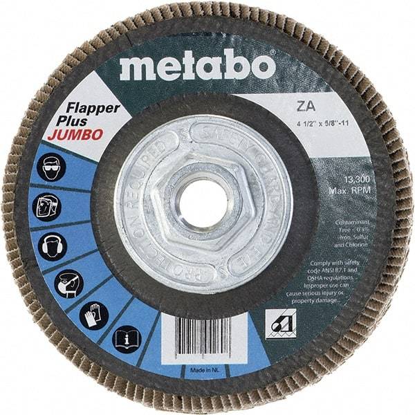 Metabo - 60 Grit, 4-1/2" Disc Diam, 5/8-11 Center Hole, Type 29 Zirconia Alumina Flap Disc - 13,300 Max RPM, Fiberglass Backing, Arbor Attaching System, Coated - Industrial Tool & Supply