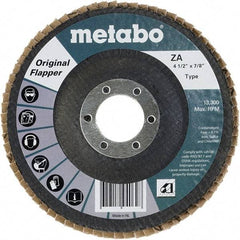 Metabo - 60 Grit, 4-1/2" Disc Diam, 7/8" Center Hole, Type 27 Zirconia Alumina Flap Disc - 13,300 Max RPM, Fiberglass Backing, Arbor Attaching System, Coated - Industrial Tool & Supply