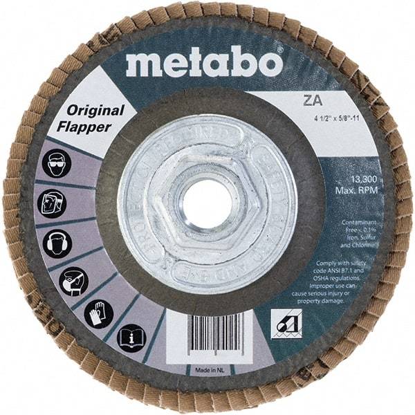 Metabo - 60 Grit, 4-1/2" Disc Diam, 5/8-11 Center Hole, Type 27 Zirconia Alumina Flap Disc - 13,300 Max RPM, Fiberglass Backing, Arbor Attaching System, Coated - Industrial Tool & Supply