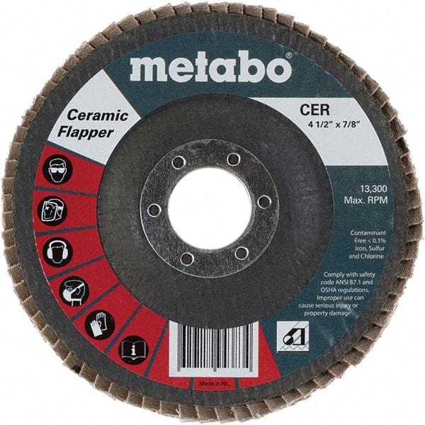 Metabo - 60 Grit, 4-1/2" Disc Diam, 7/8" Center Hole, Type 29 Ceramic Flap Disc - 13,300 Max RPM, Fiberglass Backing, Arbor Attaching System, Coated - Industrial Tool & Supply