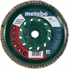 Metabo - 60 Grit, 5" Disc Diam, 5/8-11 Center Hole, Type 29 Ceramic Flap Disc - 12,200 Max RPM, Plastic Backing, Arbor Attaching System, Coated - Industrial Tool & Supply