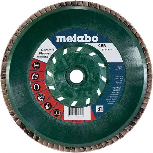 Metabo - 80 Grit, 6" Disc Diam, 5/8-11 Center Hole, Type 29 Ceramic Flap Disc - 10,200 Max RPM, Plastic Backing, Arbor Attaching System, Coated - Industrial Tool & Supply