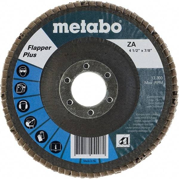 Metabo - 120 Grit, 4-1/2" Disc Diam, 7/8" Center Hole, Type 27 Zirconia Alumina Flap Disc - 13,300 Max RPM, Fiberglass Backing, Arbor Attaching System, Coated - Industrial Tool & Supply