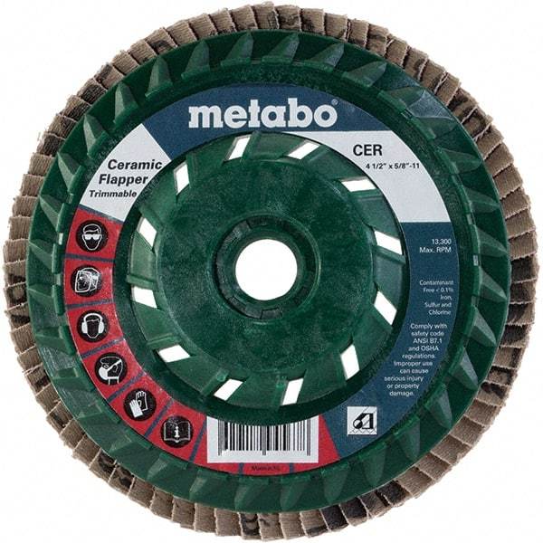 Metabo - 80 Grit, 4-1/2" Disc Diam, 5/8-11 Center Hole, Type 29 Ceramic Flap Disc - 13,300 Max RPM, Plastic Backing, Arbor Attaching System, Coated - Industrial Tool & Supply