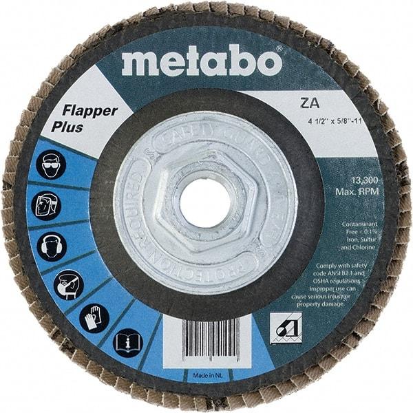 Metabo - 40 Grit, 4-1/2" Disc Diam, 5/8-11 Center Hole, Type 27 Zirconia Alumina Flap Disc - 13,300 Max RPM, Fiberglass Backing, Arbor Attaching System, Coated - Industrial Tool & Supply
