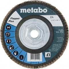 Metabo - 120 Grit, 4-1/2" Disc Diam, 5/8-11 Center Hole, Type 27 Zirconia Alumina Flap Disc - 13,300 Max RPM, Fiberglass Backing, Arbor Attaching System, Coated - Industrial Tool & Supply