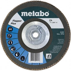 Metabo - 60 Grit, 7" Disc Diam, 5/8-11 Center Hole, Type 27 Zirconia Alumina Flap Disc - 8,500 Max RPM, Fiberglass Backing, Arbor Attaching System, Coated - Industrial Tool & Supply