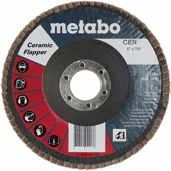 Metabo - 40 Grit, 5" Disc Diam, 7/8" Center Hole, Type 29 Ceramic Flap Disc - 12,200 Max RPM, Fiberglass Backing, Arbor Attaching System, Coated - Industrial Tool & Supply