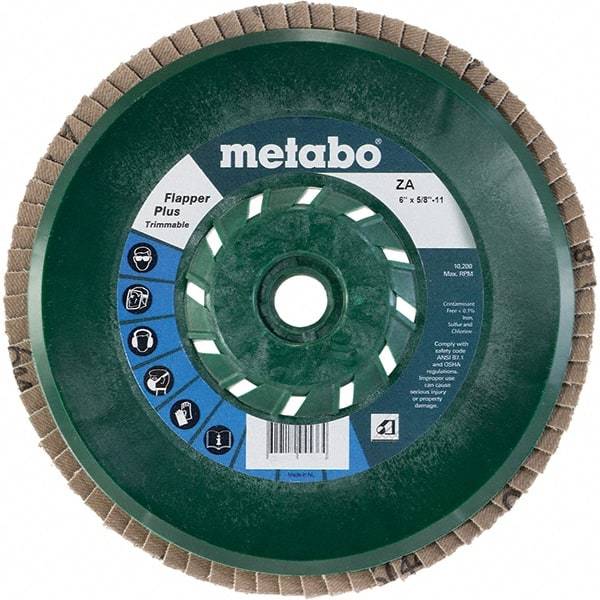 Metabo - 60 Grit, 6" Disc Diam, 5/8-11 Center Hole, Type 29 Zirconia Alumina Flap Disc - 10,200 Max RPM, Plastic Backing, Arbor Attaching System, Coated - Industrial Tool & Supply