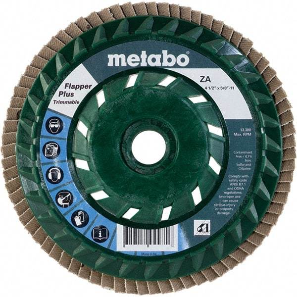 Metabo - 40 Grit, 4-1/2" Disc Diam, 5/8-11 Center Hole, Type 29 Zirconia Alumina Flap Disc - 13,300 Max RPM, Plastic Backing, Arbor Attaching System, Coated - Industrial Tool & Supply