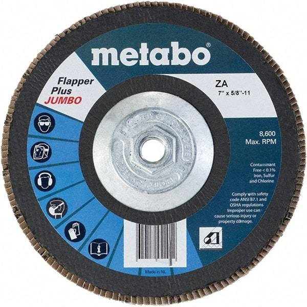Metabo - 60 Grit, 7" Disc Diam, 5/8-11 Center Hole, Type 29 Zirconia Alumina Flap Disc - 8,600 Max RPM, Fiberglass Backing, Arbor Attaching System, Coated - Industrial Tool & Supply