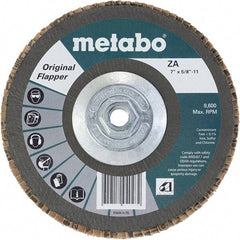 Metabo - 40 Grit, 7" Disc Diam, 5/8-11 Center Hole, Type 29 Zirconia Alumina Flap Disc - 8,600 Max RPM, Fiberglass Backing, Arbor Attaching System, Coated - Industrial Tool & Supply