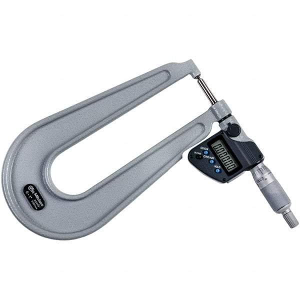 Mitutoyo - 0 to 1" Range, 0.00005" Resolution, Deep Throat IP65 Electronic Outside Micrometer - 0.0002" Accuracy, Ratchet Stop Thimble, Carbide-Tipped Face, SR44 Battery - Industrial Tool & Supply