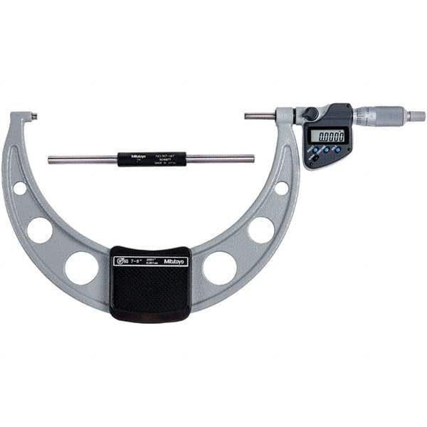 Mitutoyo - 7 to 8" Range, 0.0001" Resolution, Standard Throat IP65 Electronic Outside Micrometer - 0.00015" Accuracy, Ratchet Stop Thimble, Carbide-Tipped Face, SR44 Battery - Industrial Tool & Supply