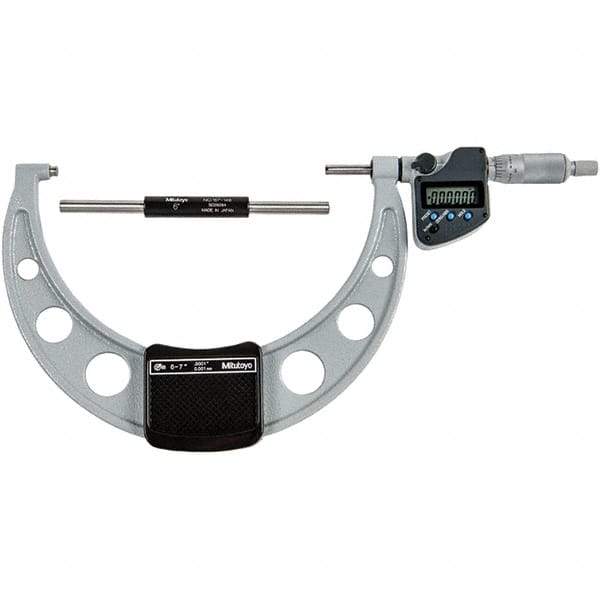 Mitutoyo - 6 to 7" Range, 0.0001" Resolution, Standard Throat IP65 Electronic Outside Micrometer - 0.00015" Accuracy, Ratchet Stop Thimble, Carbide-Tipped Face, SR44 Battery - Industrial Tool & Supply