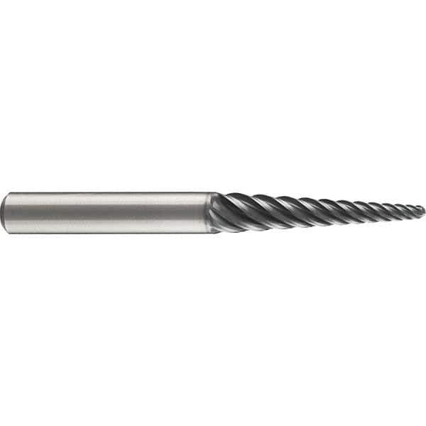 Emuge - 4° Taper Angle per Side, 2mm Small End Diam, 87mm LOC, Solid Carbide 6 Flute Tapered Ball End Mill - AlCr Finish, 150mm OAL, 16mm Shank Diam, Spiral Flute, 38° Helix - Industrial Tool & Supply
