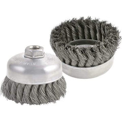 Brush Research Mfg. - 4" Diam, 5/8-11 Threaded Arbor, Carbon Steel Fill Cup Brush - 0.0118 Wire Diam, 1-1/4" Trim Length, 9,000 Max RPM - Industrial Tool & Supply