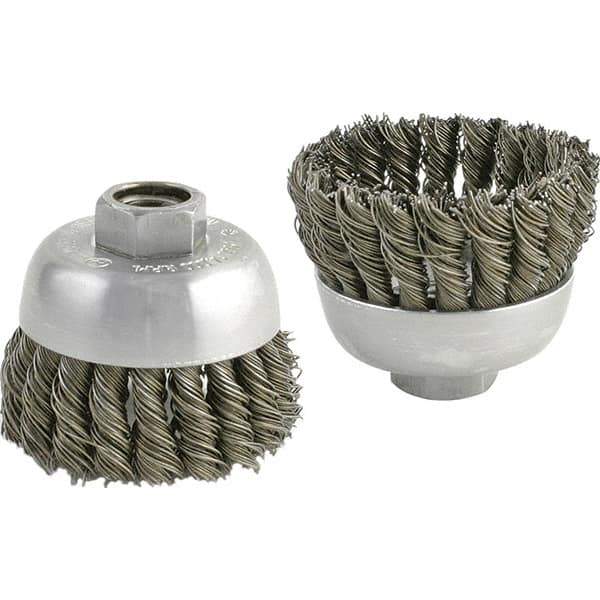 Brush Research Mfg. - 2-3/4" Diam, 5/8-11 Threaded Arbor, Carbon Steel Fill Cup Brush - 0.02 Wire Diam, 1" Trim Length, 6,600 Max RPM - Industrial Tool & Supply