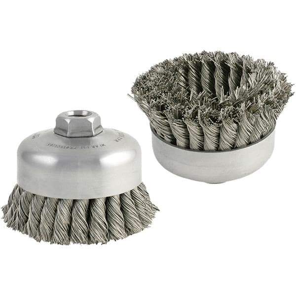 Brush Research Mfg. - 5" Diam, 5/8-11 Threaded Arbor, Carbon Steel Fill Cup Brush - 0.014 Wire Diam, 1-1/4" Trim Length, 9,000 Max RPM - Industrial Tool & Supply