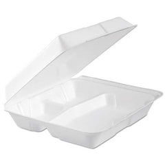 DART - Foam Hinged Lid Container, 3-Comp, 9.3 x 9 1/2 x 3, White, 100/Bag, 2 Bag/Carton - Industrial Tool & Supply