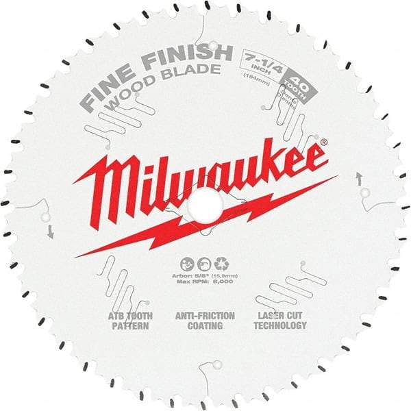 Milwaukee Tool - 7-1/4" Diam, 10mm Arbor Hole Diam, 40 Tooth Wet & Dry Cut Saw Blade - Tungsten Carbide-Tipped, Fine Finish Action, Standard Round Arbor - Industrial Tool & Supply