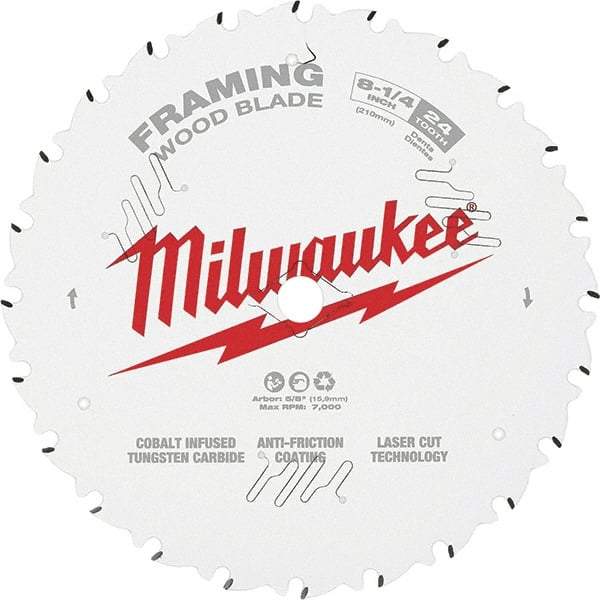 Milwaukee Tool - 8-1/4" Diam, 5/8" Arbor Hole Diam, 24 Tooth Wet & Dry Cut Saw Blade - Tungsten Carbide-Tipped, Framing Action, Standard Round Arbor - Industrial Tool & Supply