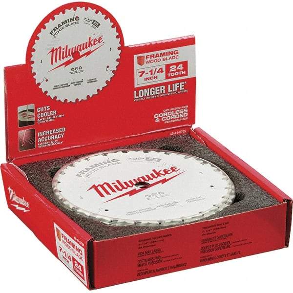 Milwaukee Tool - 7-1/4" Diam, 5/8" Arbor Hole Diam, 24 Tooth Wet & Dry Cut Saw Blade - Tungsten Carbide-Tipped, Framing Action, Standard Round Arbor - Industrial Tool & Supply