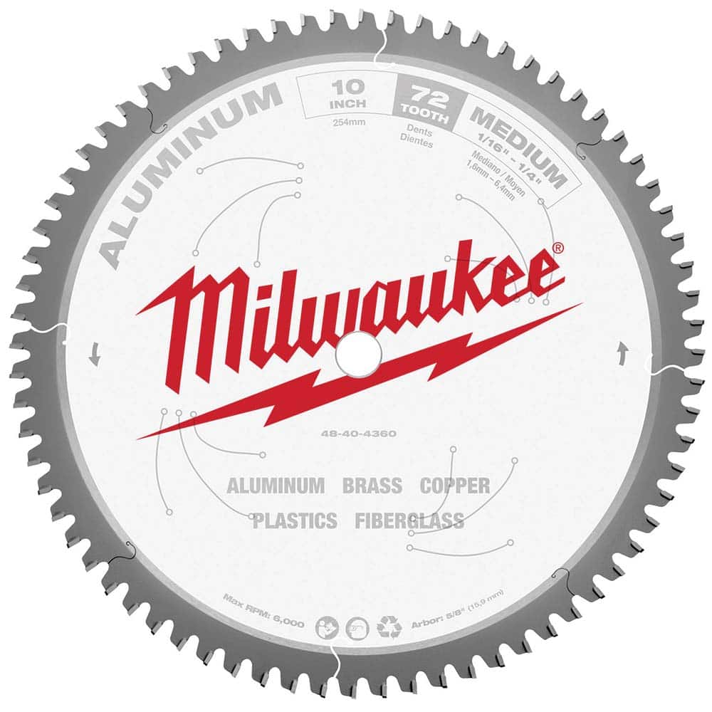 Milwaukee Tool - Wet & Dry-Cut Saw Blades; Blade Diameter (Inch): 10 ; Blade Material: Carbide-Tipped ; Arbor Style: Standard Round ; Arbor Hole Diameter (Inch): 5/8 ; Arbor Hole Diameter (Decimal Inch): 5/8 ; Application: Non-Ferrous Metal Cutting - Exact Industrial Supply