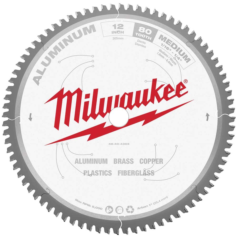 Milwaukee Tool - Wet & Dry-Cut Saw Blades; Blade Diameter (Inch): 12 ; Blade Material: Carbide-Tipped ; Arbor Style: Standard Round ; Arbor Hole Diameter (Inch): 1 ; Arbor Hole Diameter (Decimal Inch): 1 ; Application: Non-Ferrous Metal Cutting - Exact Industrial Supply