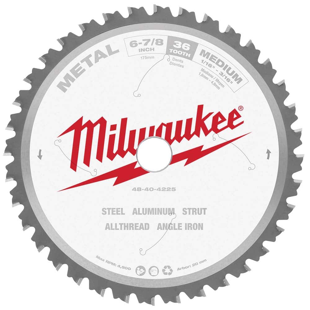 Milwaukee Tool - Wet & Dry-Cut Saw Blades; Blade Diameter (Inch): 6-7/8 ; Blade Material: Carbide-Tipped ; Arbor Style: Standard Round ; Arbor Hole Diameter (mm): 20.00 ; Application: Ferrous Metal Cutting ; Number of Teeth: 36 - Exact Industrial Supply