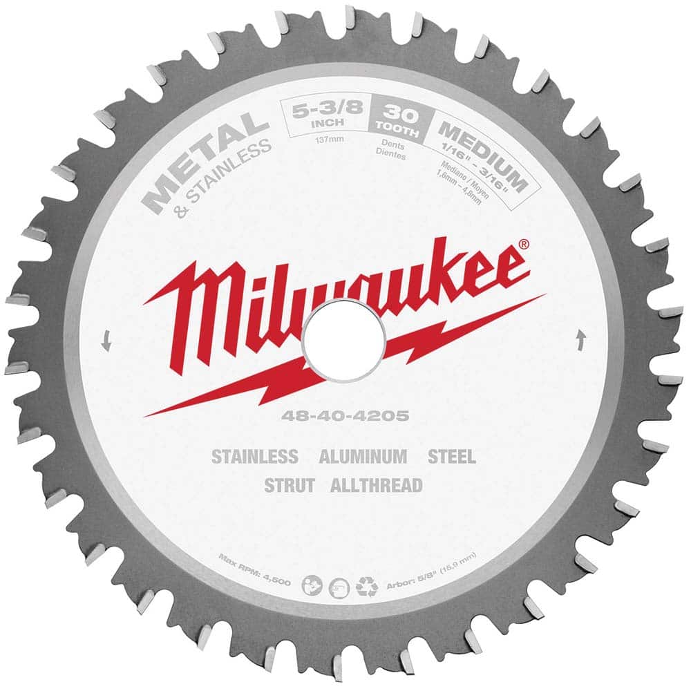 Milwaukee Tool - Wet & Dry-Cut Saw Blades; Blade Diameter (Inch): 5-3/8 ; Blade Material: Carbide-Tipped ; Arbor Style: Standard Round ; Arbor Hole Diameter (Inch): 5/8 ; Arbor Hole Diameter (Decimal Inch): 5/8 ; Application: Ferrous Metal Cutting - Exact Industrial Supply