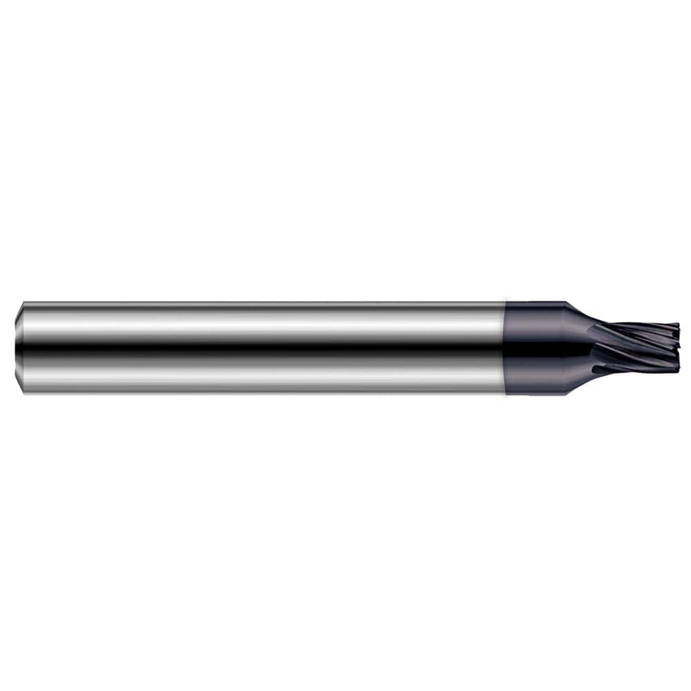 Corner Radius End Mill: 0.031″ Dia, 3/32″ LOC, 0.005″ Radius, 7 Flutes, Solid Carbide 2-1/2″ OAL, 1/4″ Shank Dia, 20 ° Helix, AlTiN Coated, Corner Radius End