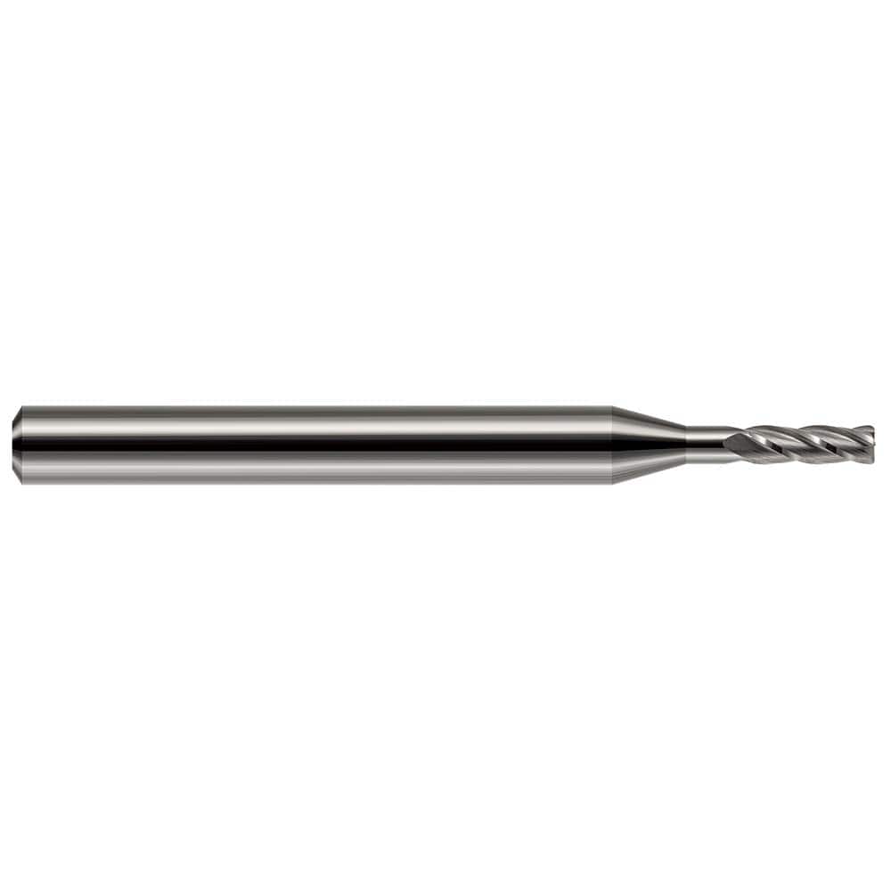 Corner Radius End Mill: 0.062″ Dia, 0.186″ LOC, 0.005″ Radius, 4 Flutes, Solid Carbide 1-1/2″ OAL, 1/8″ Shank Dia, 30 ° Helix, Bright/Uncoated, Corner Radius End