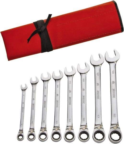 Proto - 8 Piece, 8mm to 18mm, 12 Point Ratcheting Reversible Combination Wrench Set - Metric Measurement Standard, Full Polish Finish, Comes in Pouch - Industrial Tool & Supply
