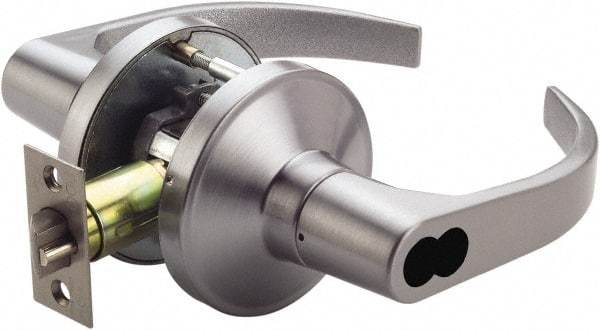 PDQ - Heavy Duty Entry Lever Lockset - 2-3/4" Back Set, Small Format I/C Less Cylinder, Zinc, Antimicrobial Coated, Satin Chrome Plated Finish - Industrial Tool & Supply